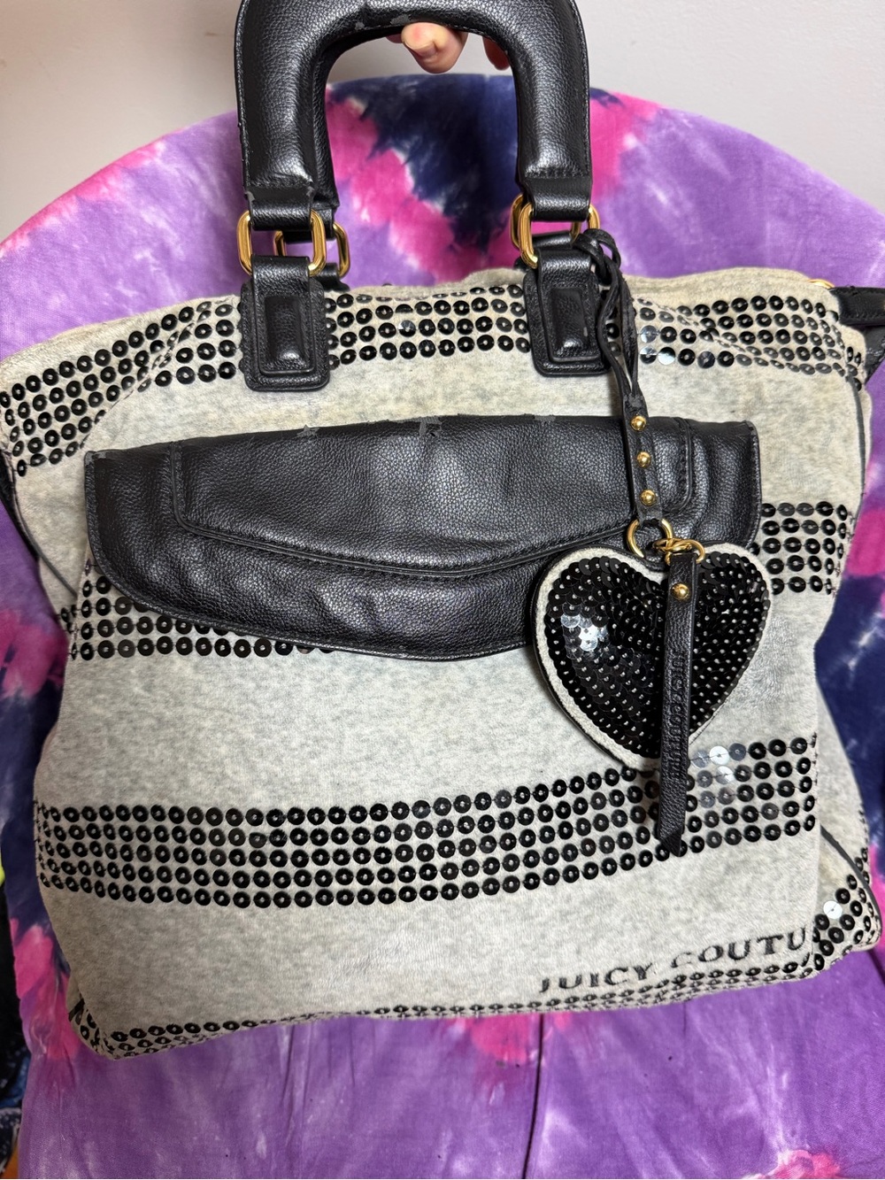 Vintage Juicy Couture Black & Gray Sequin-Striped Tote with Heart Charm